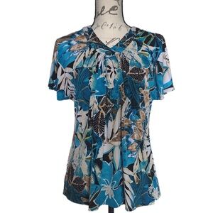 N Touch Short Sleeve Pullover Blouse L-X-Large Turquoise Blue EUC